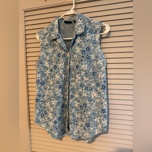 Dockers Blue Cotton Denim Floral Sleeveless Button Down Tank Top Blouse Medium